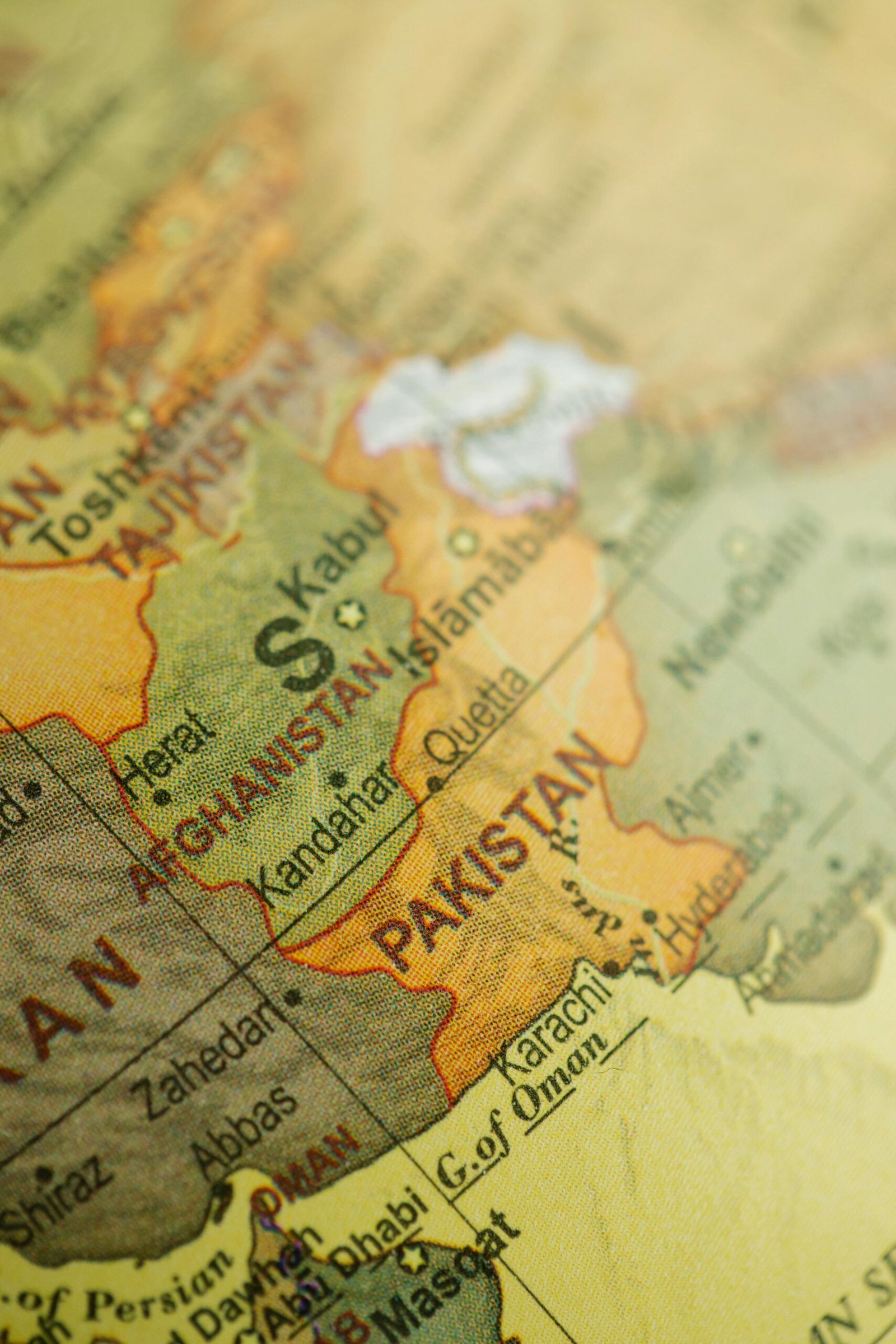 Detailed close-up of a Middle Eastern map showing Pakistan and Afghanistan.